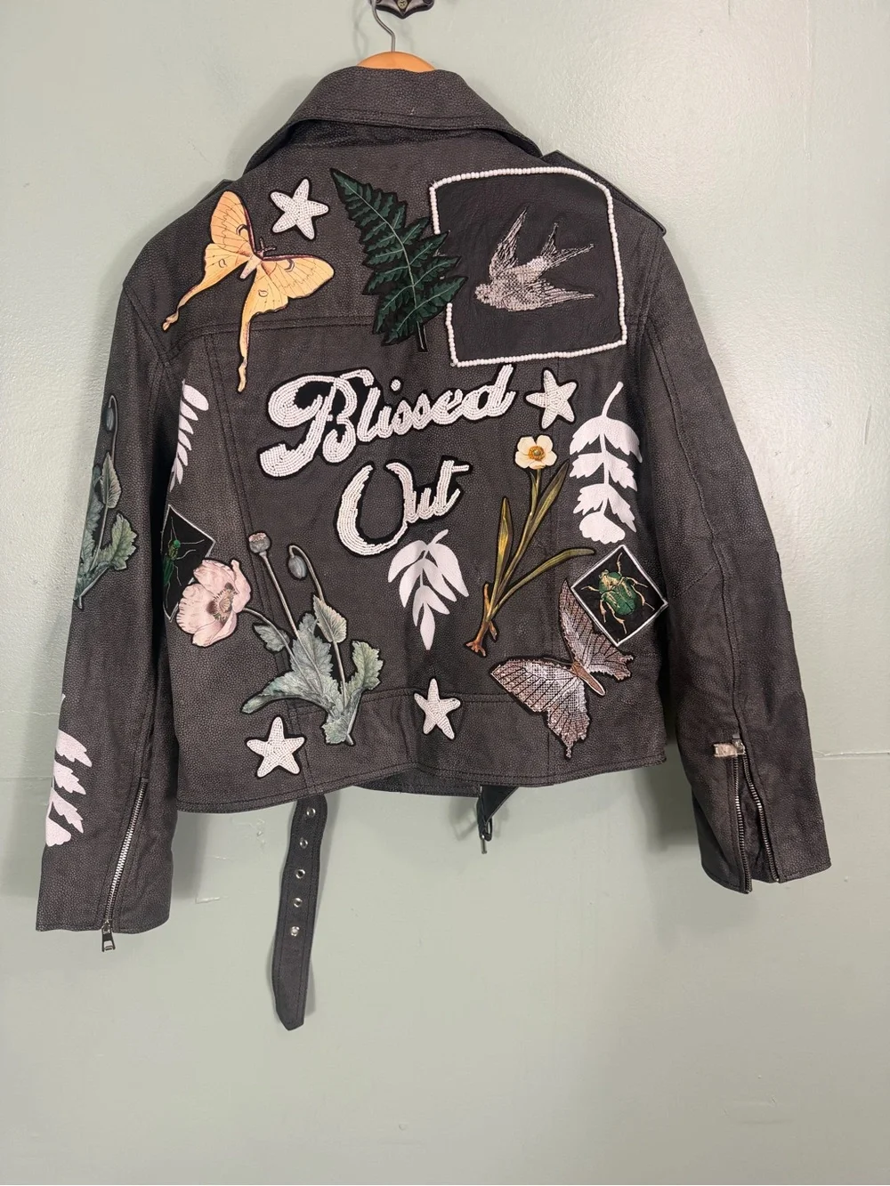 Free People Denim & Bone Patchwork Moto Jacket Gray Leather Small